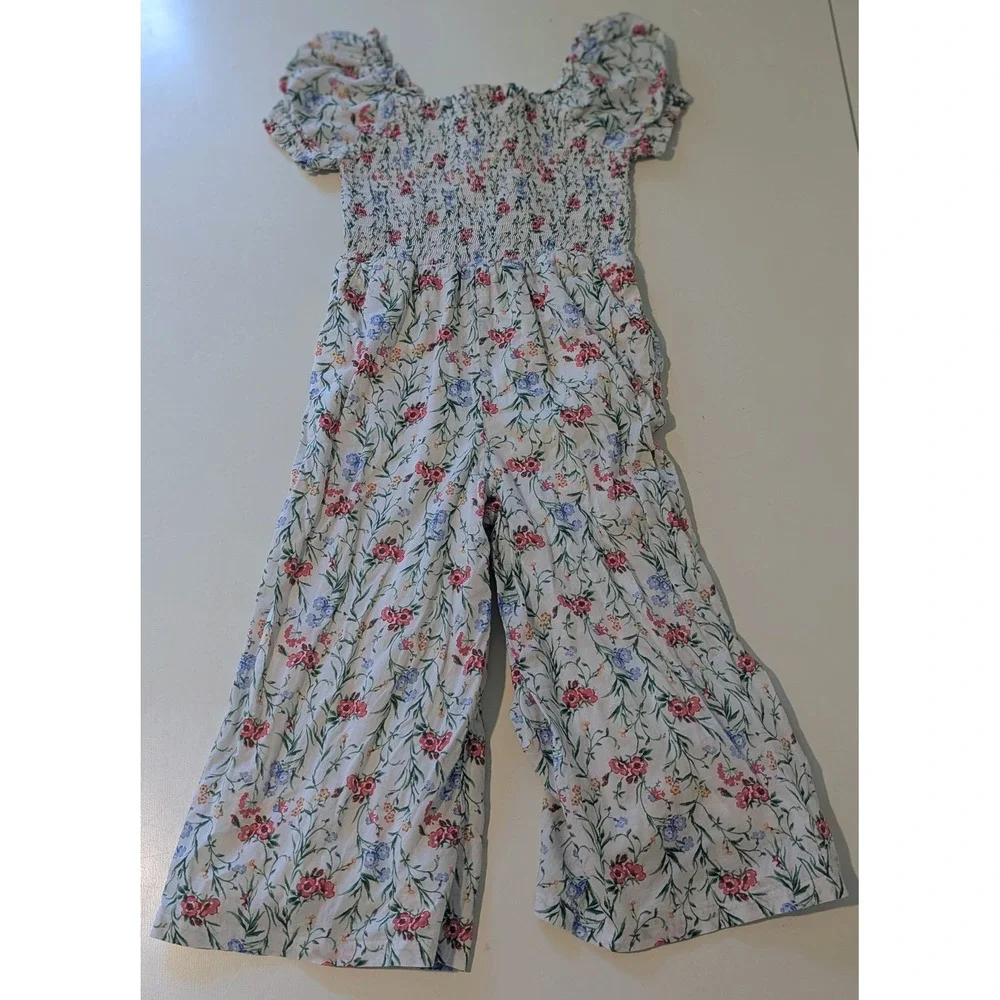 Janie and Jack Girls Floral Smocked Puff Sleeve Wide Leg Jumpsuit White Size 4